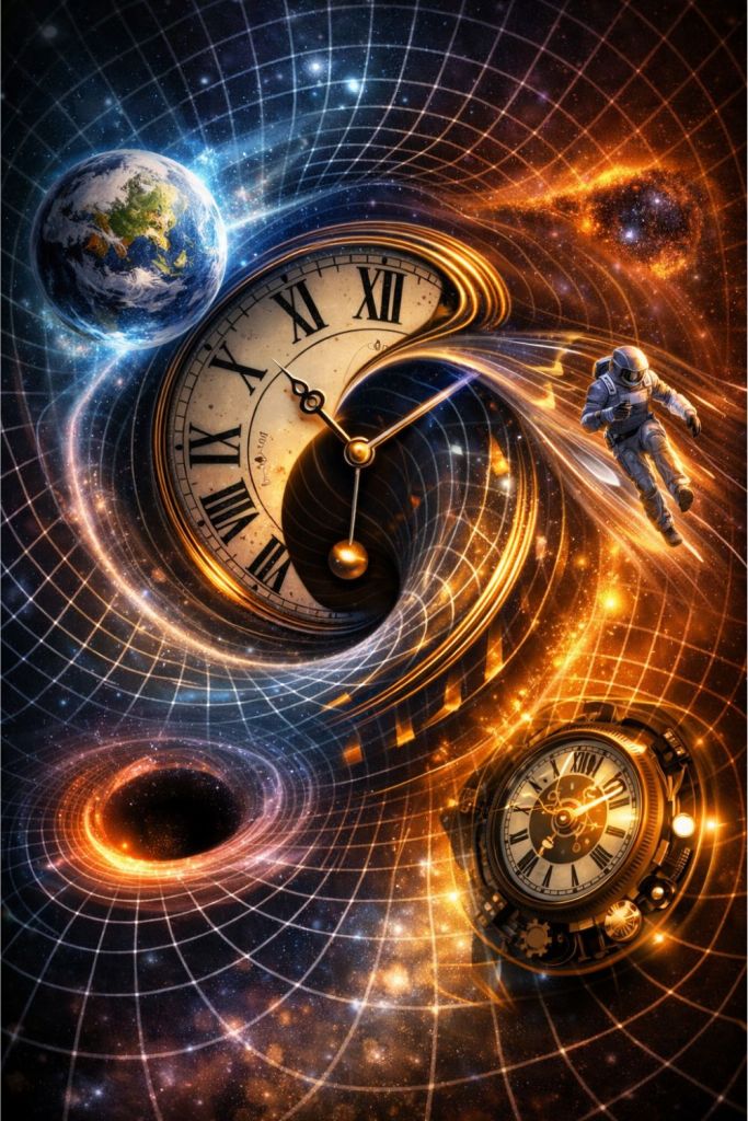 An astronaut drifting through warped spacetime around a bending clock, Earth, and glowing gravitational fields, visualizing relativity and time distortion in space.