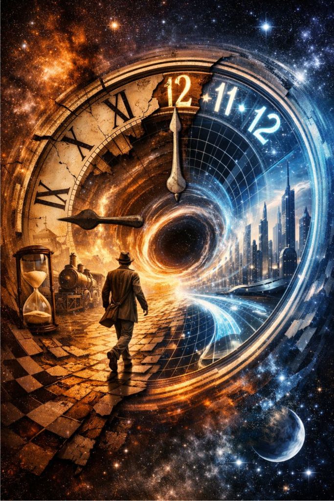 A man walking through a circular portal between an old steam-age world and a futuristic city, framed by a massive clock and cosmic vortex, symbolizing time travel and progress.