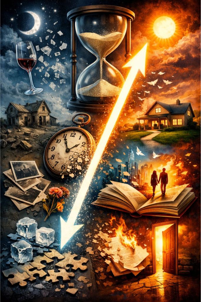 A dramatic split scene showing decay and destruction on one side and growth and renewal on the other, connected by an arrow through time, symbolizing transformation and life cycles.