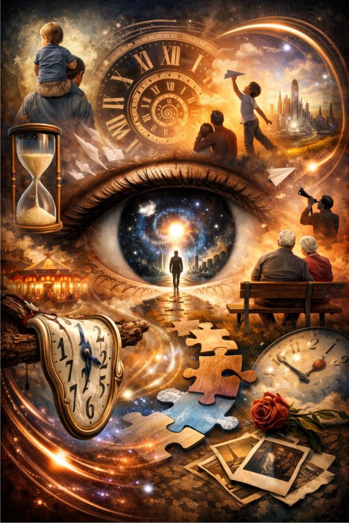 A large cosmic eye surrounded by life stages, memories, clocks, and puzzle pieces, representing perception, memory, and the passage of time through human experience.