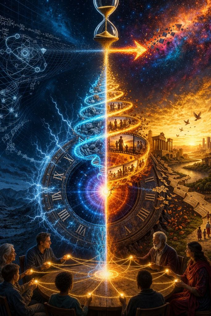 An hourglass splitting scientific equations and cosmic space from human history and storytelling, with people connected around a glowing center, symbolizing shared time and collective experience.