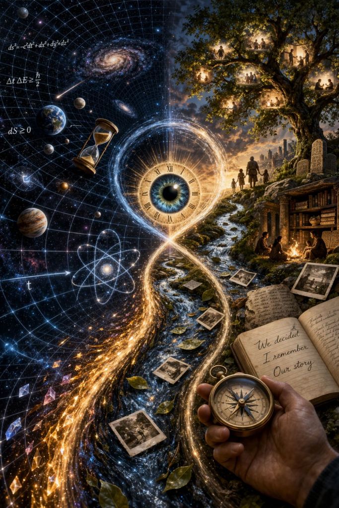 An infinity-shaped flow of time connecting physics, nature, memory, and human storytelling, with a glowing eye at the center and a compass in hand, symbolizing time as both science and personal narrative.