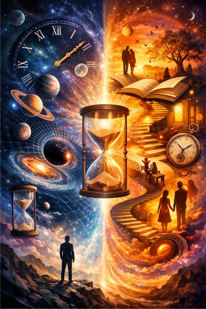 A split universe with planets and cosmic space on one side and human life, relationships, and growth on the other, centered around an hourglass, symbolizing time’s dual nature.