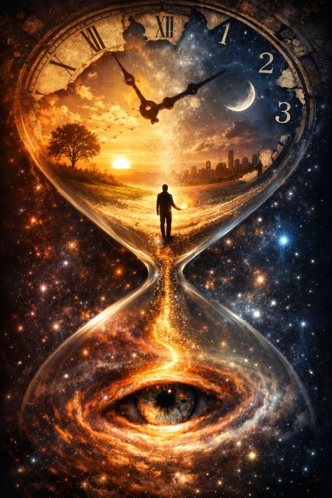 A surreal cosmic hourglass where the upper half contains a split world of sunrise over nature and nighttime over a city, framed by a cracked clock face, while a lone figure walks along a glowing path of flowing time that pours downward into a galaxy forming a human eye, symbolizing perception, time, and consciousness.