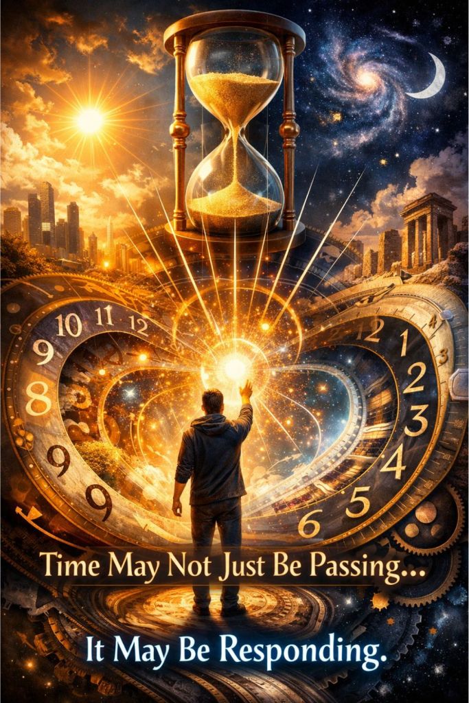 A human reaching into a glowing core of swirling clocks and energy, with the text “Time May Not Just Be Passing… It May Be Responding,” representing the idea of time as interactive and influenced by human action.