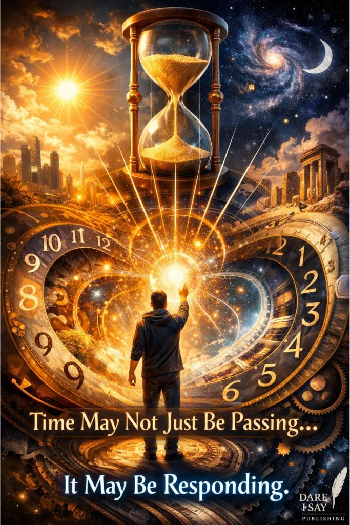 A human reaching into a glowing core of swirling clocks and energy, with the text “Time May Not Just Be Passing… It May Be Responding,” representing the idea of time as interactive and influenced by human action. Dare I Say Publishing logo in the lower right corner.