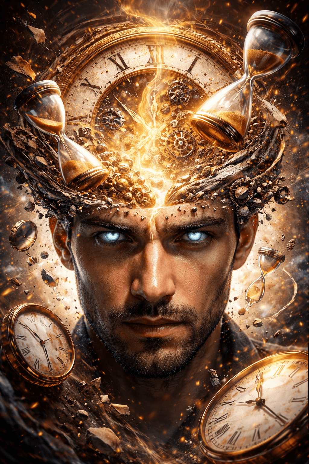 A surreal portrait of a man with glowing eyes, surrounded by floating clocks, hourglasses, and gears exploding from his head, symbolizing intense awareness, time perception, and the mind’s connection to time.