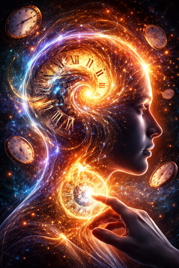 A woman’s profile filled with swirling cosmic light and clock faces, as a hand reaches to touch a glowing clock at her throat, symbolizing control over time and inner awareness.