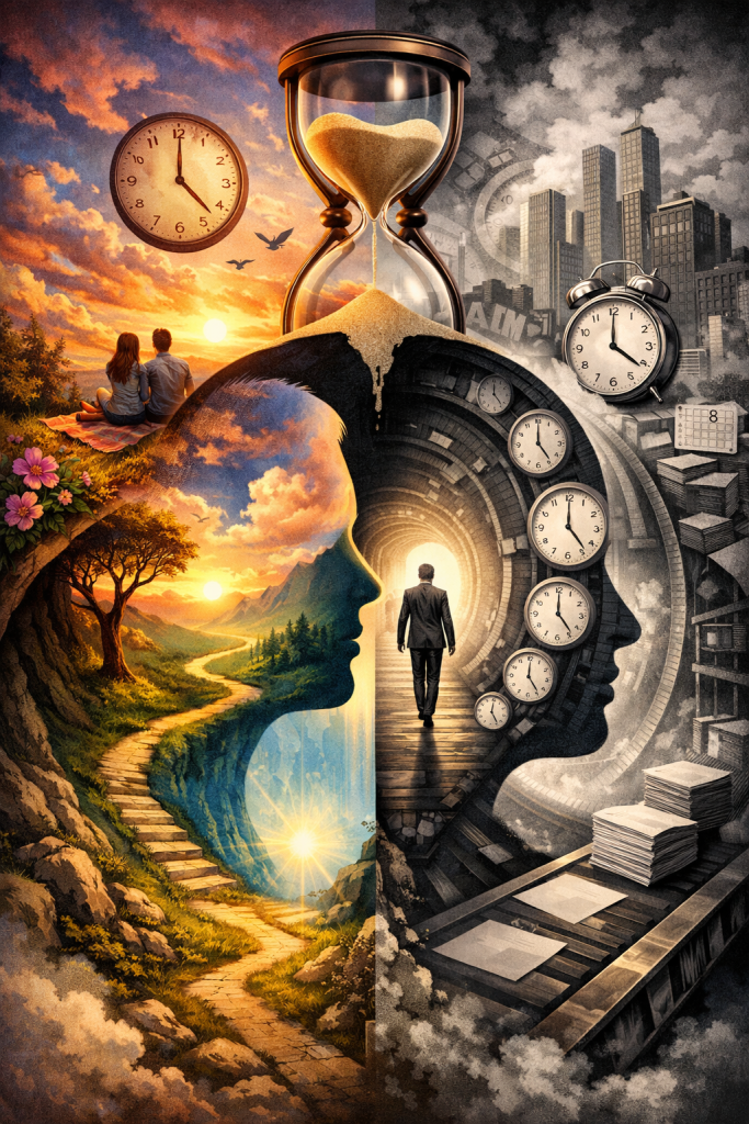 A split composition showing a peaceful natural landscape with a couple at sunset on one side and a grayscale city with clocks and deadlines on the other, connected by an hourglass, symbolizing contrasting ways of experiencing time.