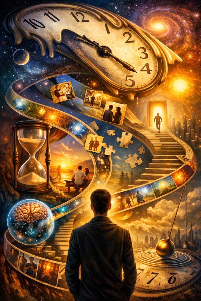A surreal scene with a melting clock above a spiral timeline filled with memories, puzzle pieces, and a figure walking toward a glowing doorway, representing life choices and the passage of time.