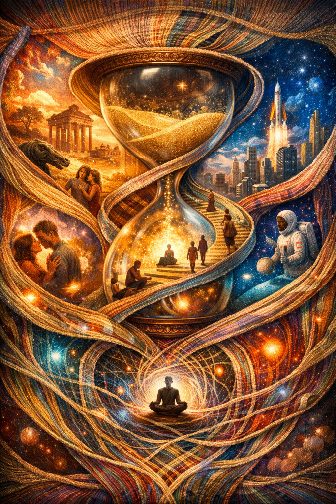 A cosmic tapestry wrapped around an hourglass, showing human relationships, ancient ruins, futuristic cities, an astronaut, and a meditating figure, symbolizing time connecting all aspects of human existence.