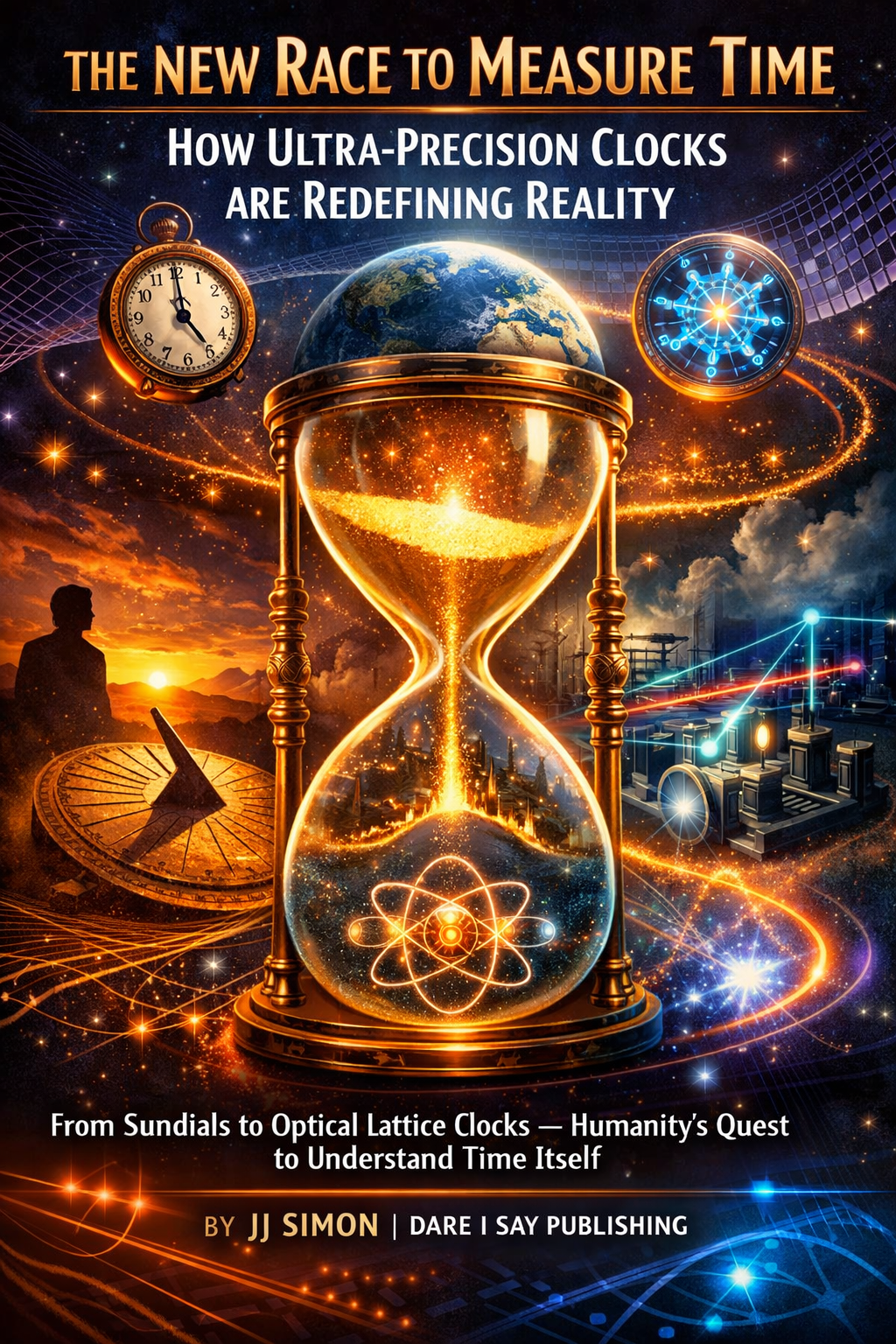 Poster artwork titled with image text saying “The New Race to Measure Time: How Ultra-Precision Clocks Are Redefining Reality” By JJ Simon, Dare I Say Publishing, featuring a glowing hourglass containing atomic symbols, with sundials, mechanical clocks, and futuristic technology illustrating humanity’s quest to understand time.