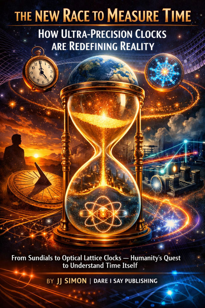 Poster artwork titled with image text saying “The New Race to Measure Time: How Ultra-Precision Clocks Are Redefining Reality” By JJ Simon, Dare I Say Publishing, featuring a glowing hourglass containing atomic symbols, with sundials, mechanical clocks, and futuristic technology illustrating humanity’s quest to understand time.