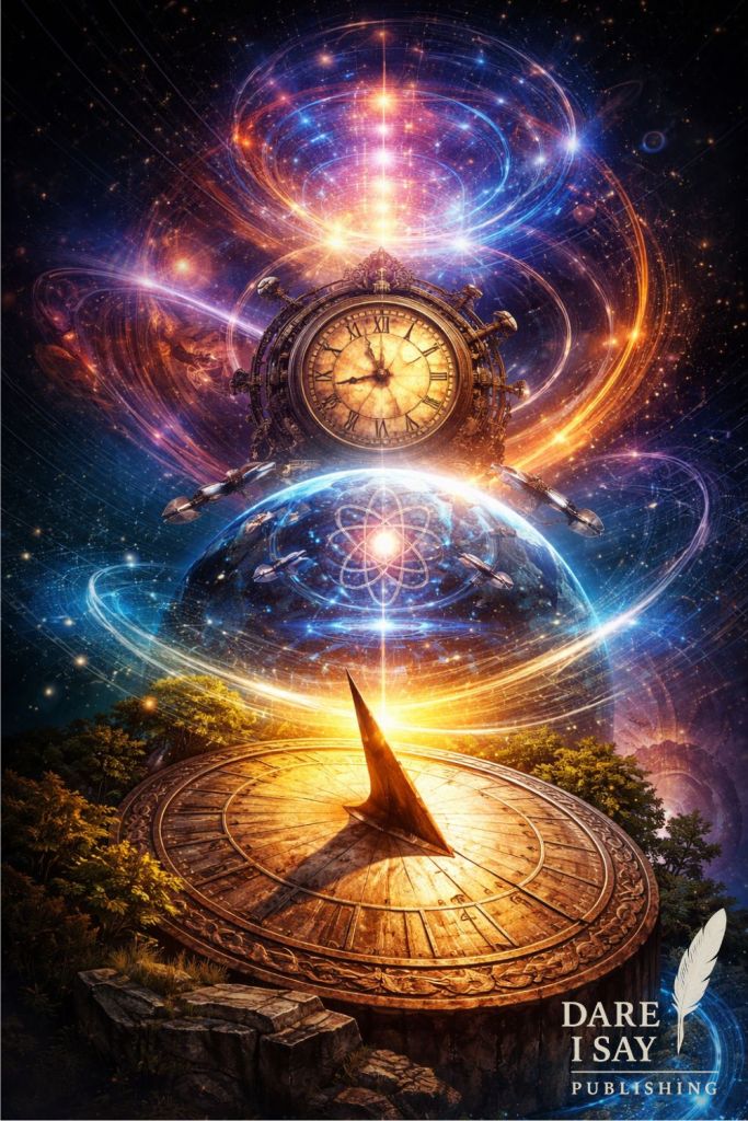 A sundial in the foreground points toward a futuristic atomic device surrounded by gears and clocks, while Earth floats beneath an atomic symbol and satellite, representing the evolution of timekeeping from sundials to atomic clocks. Dare I Say Publishing logo in lower right corner.