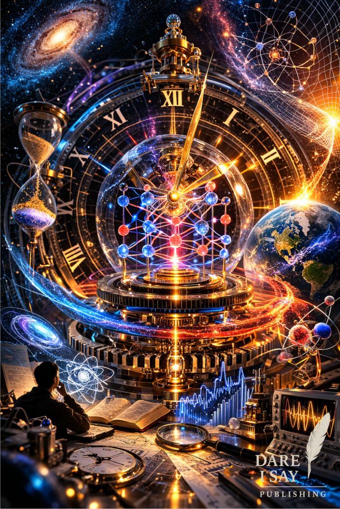 A futuristic atomic clock structure made of glowing nodes and spheres sits beneath a giant cosmic clock while a scientist studies notes at a desk surrounded by instruments, galaxies, and planetary systems. Dare I Say Publishing logo in lower right corner.