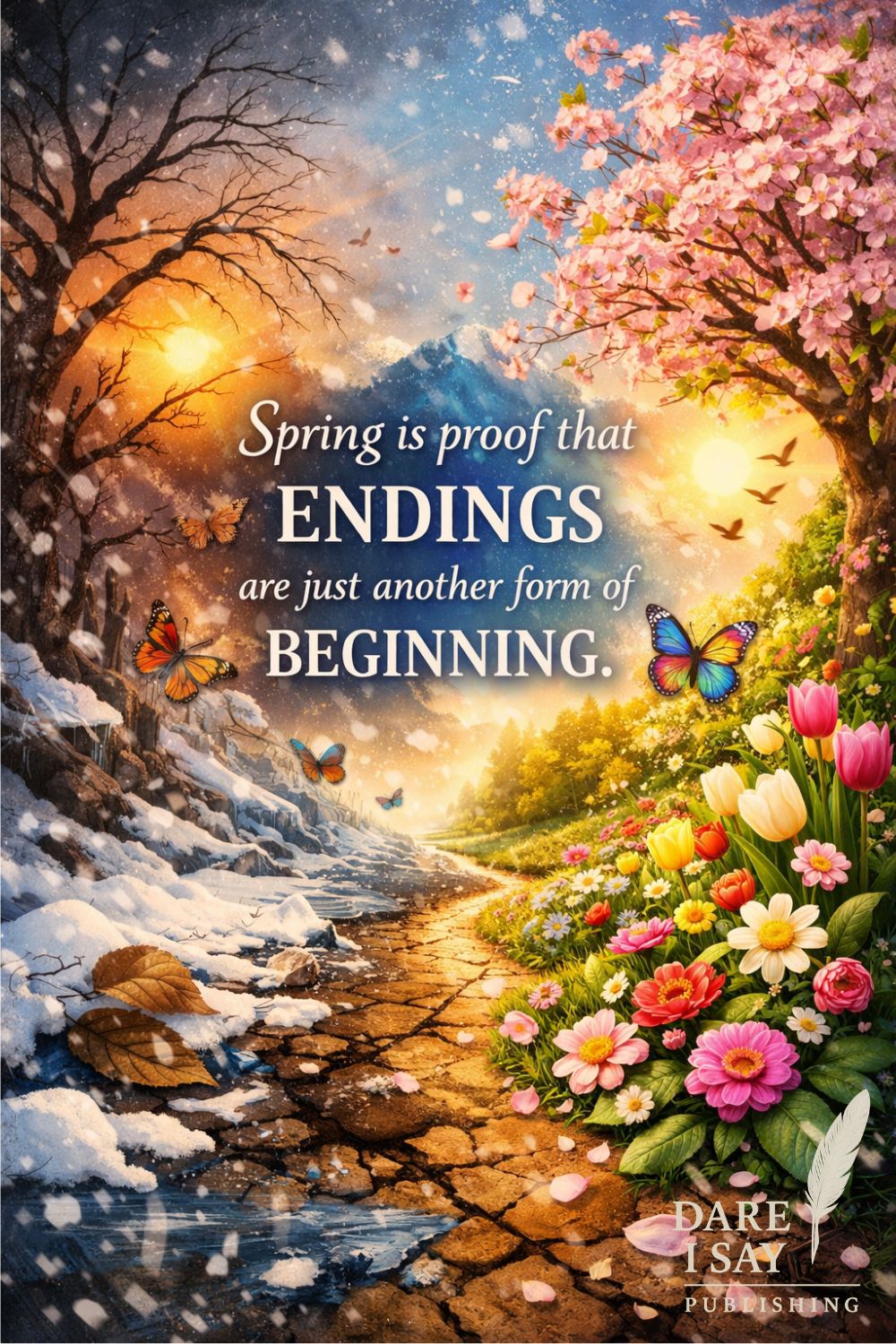 A seasonal transition scene showing winter turning into spring, with snow melting into blooming flowers, butterflies, and sunlight, alongside the quote: “Spring is proof that endings are just another form of beginning.”