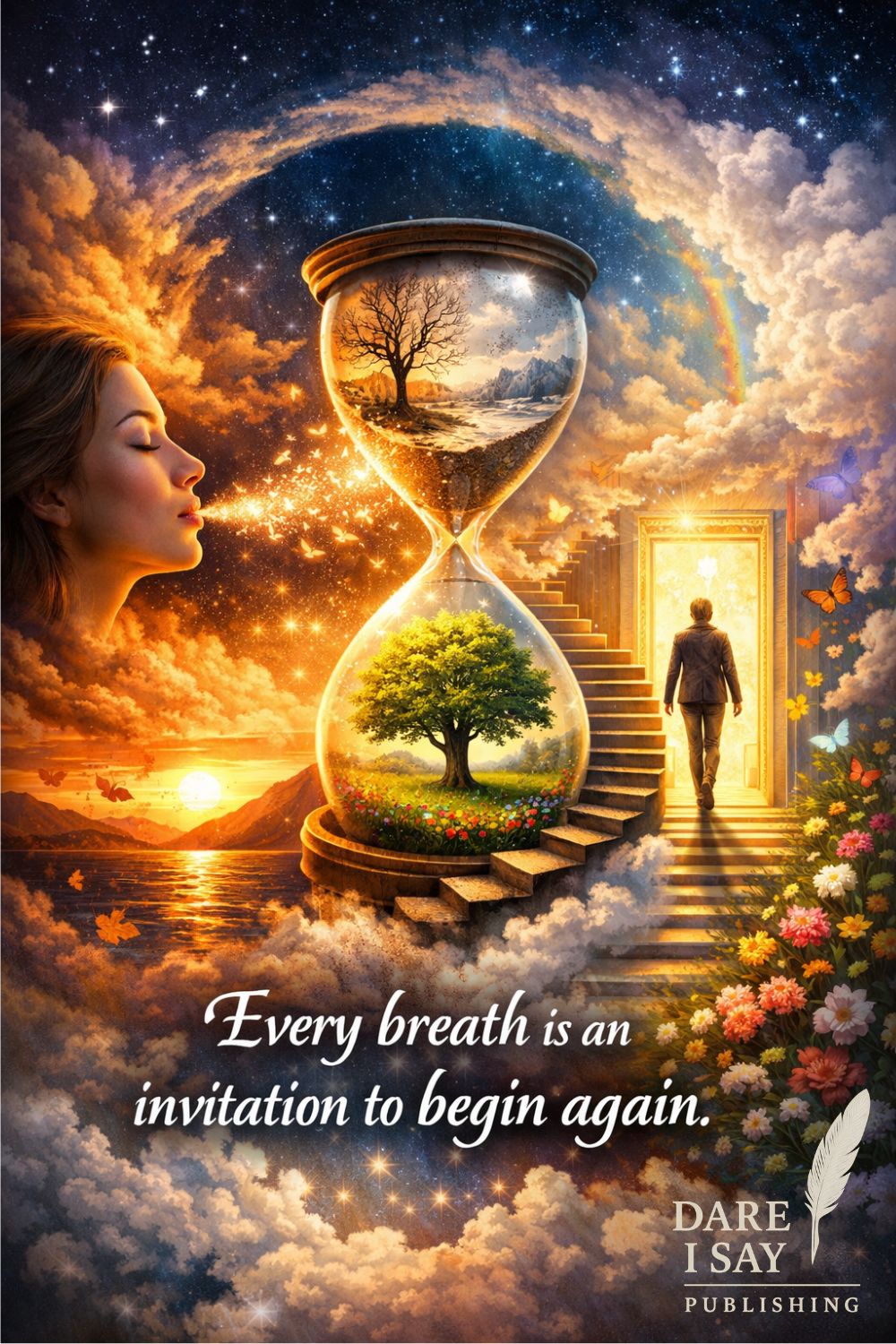 A surreal scene shows a woman exhaling glowing golden particles toward a large hourglass containing two miniature worlds—one barren and one blooming—while a man walks up illuminated steps toward a bright doorway in the sky. The image symbolizes renewal and beginnings. The quote reads: “Every breath is an invitation to begin again.”