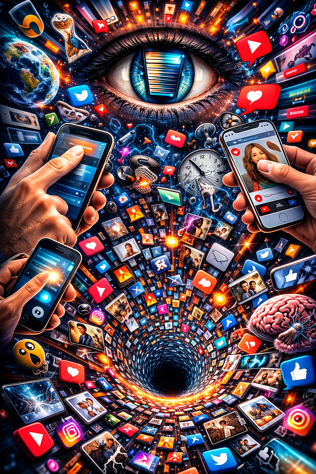 A giant human eye overlooks a swirling vortex of social media icons, images, and smartphones as multiple hands scroll through devices, symbolizing the overwhelming pull of digital media and constant online attention.