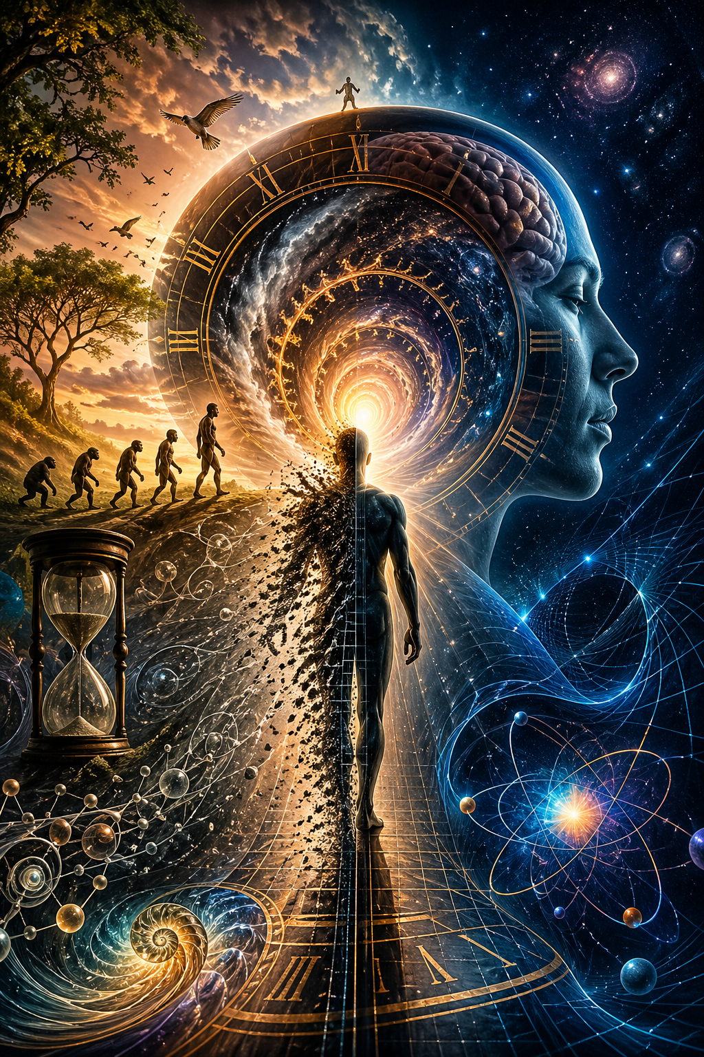 Human figure walking into a glowing spiral time vortex inside a cosmic clock, blending evolution, brain imagery, galaxies, and an hourglass to symbolize past and future