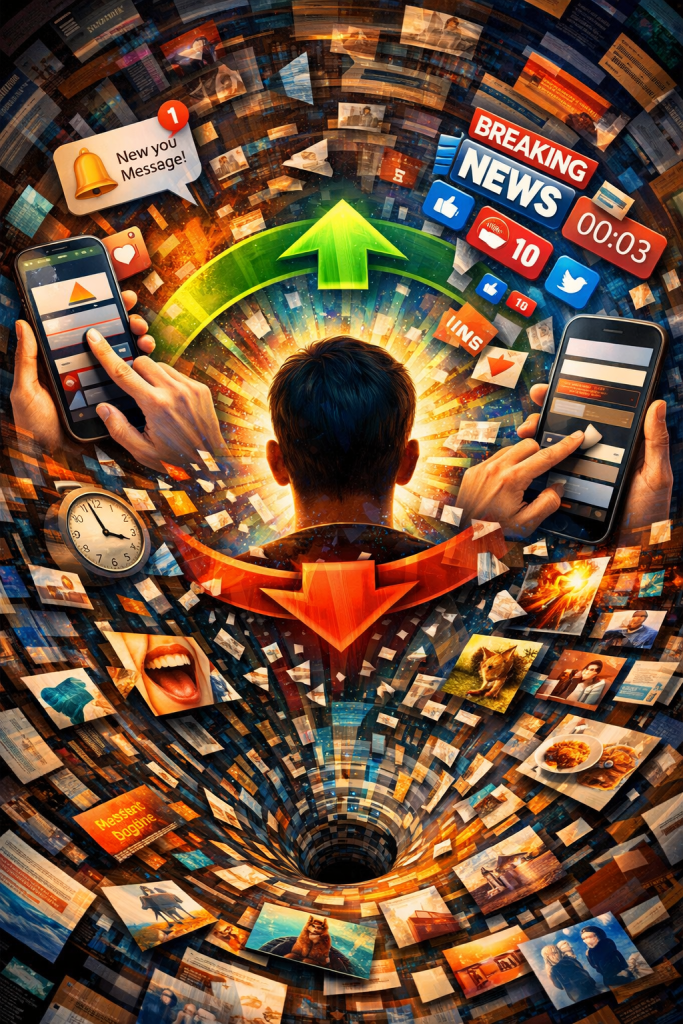 A person stands at the center of a tunnel of news feeds, messages, and images while arrows point up and down around them, representing the constant flow of information, notifications, and social media influence.
