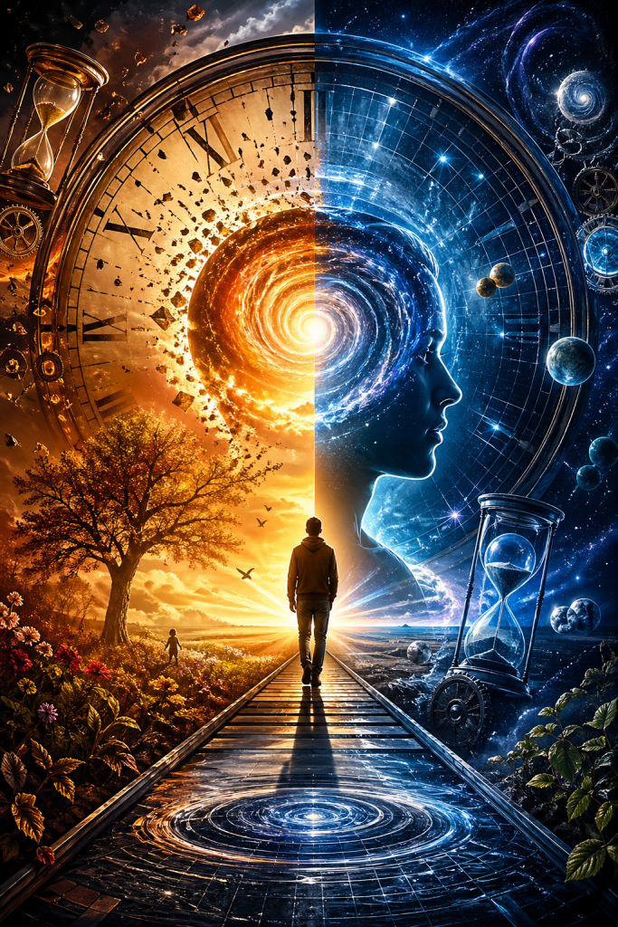 Person walking between warm natural light and cosmic space surrounded by clocks and planets, symbolizing dual perspectives on time