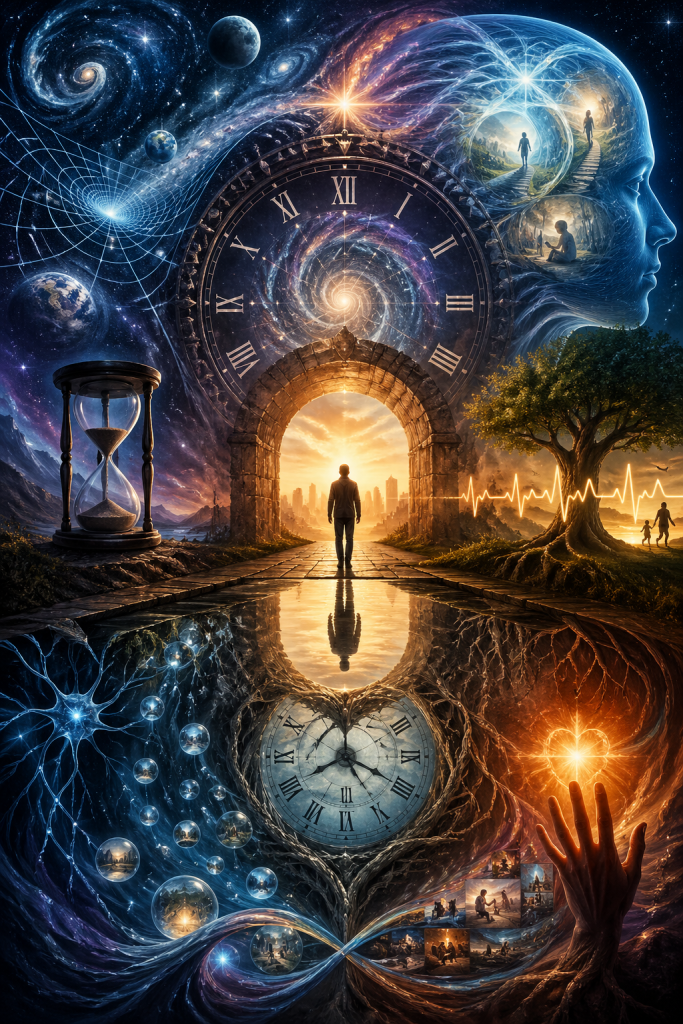 Person standing before a radiant horizon surrounded by clocks and cosmic elements, representing the human experience of time and meaning