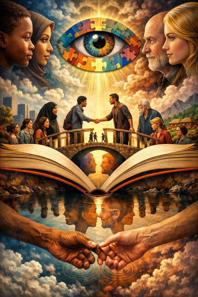 People from diverse cultures and generations face each other beneath a large colorful eye made of puzzle pieces while two individuals shake hands across a bridge rising from an open book, representing empathy, understanding, and human connection through shared stories.