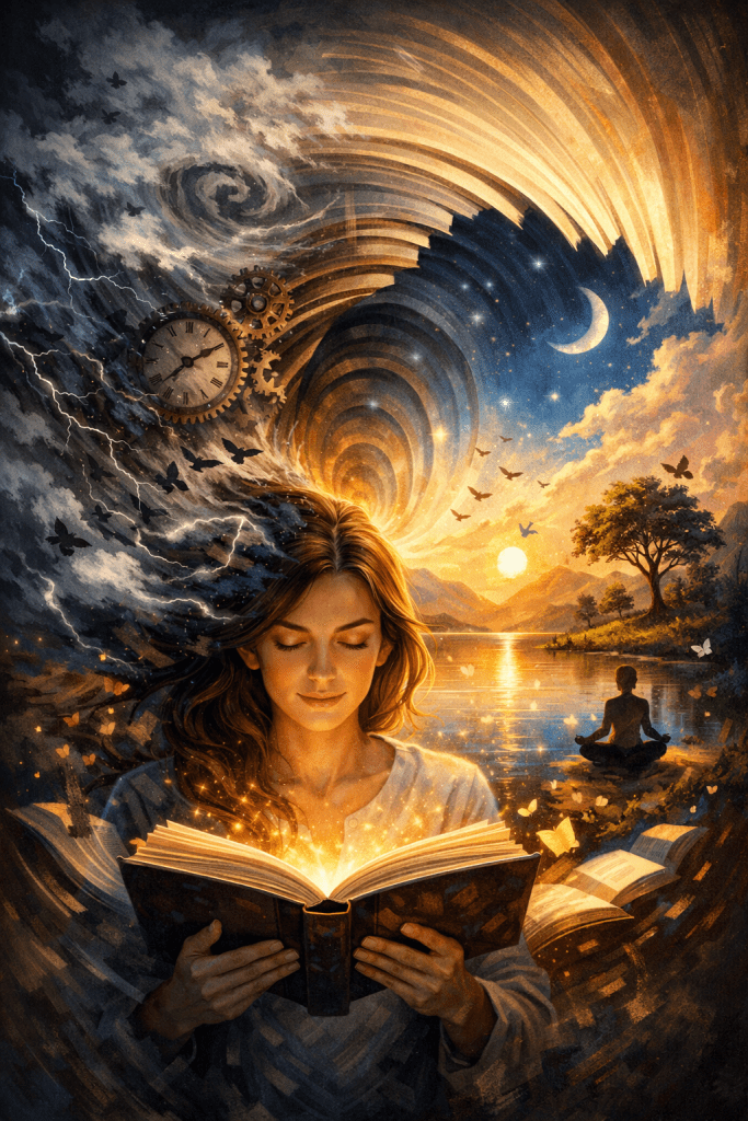 A woman reads a glowing book as swirling storms, clocks, night skies, and peaceful landscapes spiral around her head, illustrating how reading calms the mind while expanding imagination and understanding.