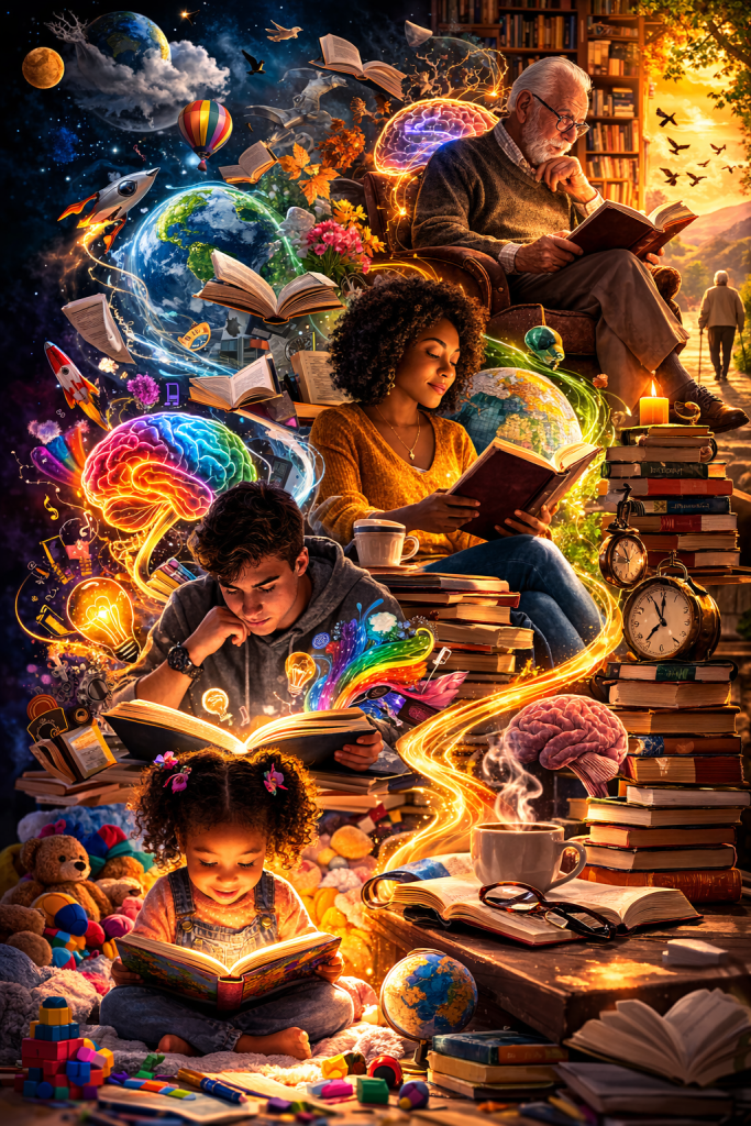 People of different ages—from a young child to an elderly reader—are surrounded by glowing books, ideas, planets, and imagination, illustrating how reading inspires curiosity, learning, and creativity throughout every stage of life.