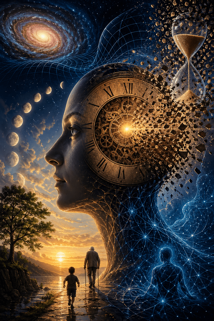 Human profile with a clock embedded in the mind dissolving into particles, surrounded by galaxies, moon phases, and an hourglass representing time perception and aging
