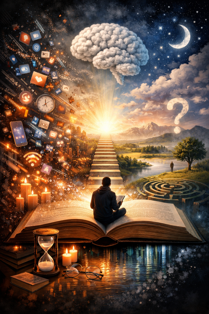 A person sits reading on a giant open book while a staircase rises toward a bright horizon; one side shows swirling digital icons and noise while the other reveals peaceful landscapes and a labyrinth, symbolizing the journey from distraction toward wisdom and reflection.