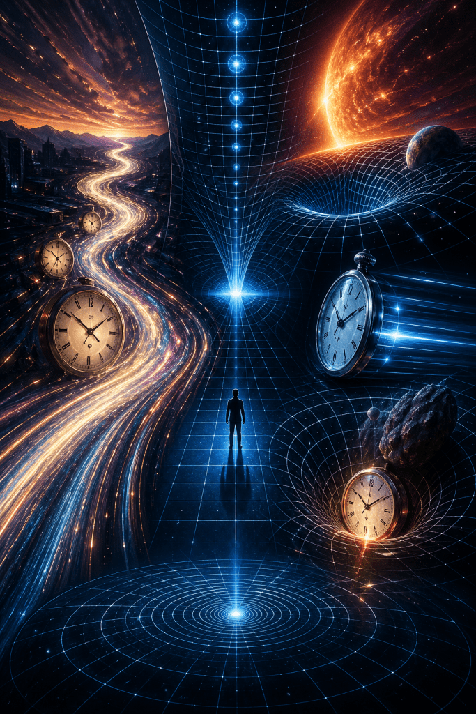 Person standing in a warped spacetime grid with flowing light trails, clocks, and planets illustrating relativity and time distortion