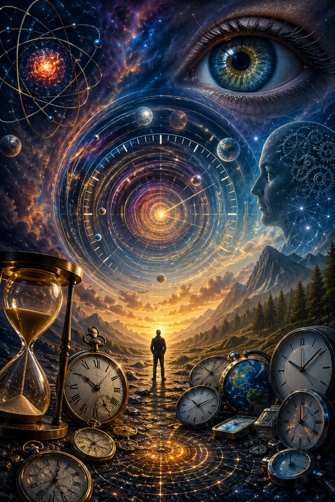 Close-up human eye overlooking a spiral cosmic clock with orbiting planets and gears symbolizing awareness and time perception
