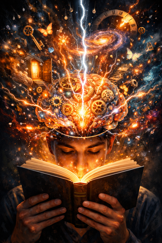 A glowing brain filled with gears and lightning emerges from a reader’s head as they hold an open book, symbolizing imagination, creativity, and knowledge ignited through reading.