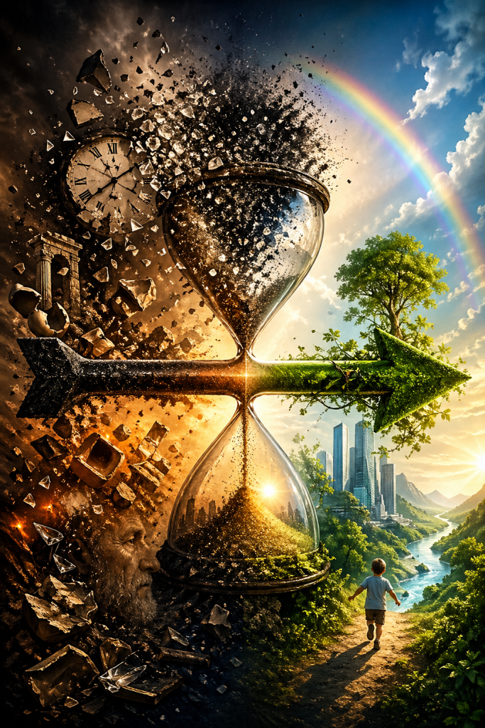 Exploding hourglass dividing a dark collapsing past and a bright thriving future, symbolizing entropy and the arrow of time