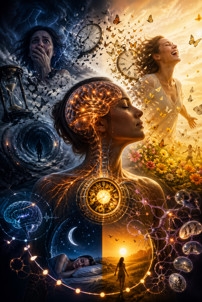 Split emotional scene showing fear and joy with a glowing brain center, neural pathways, and clocks illustrating how emotions shape time perception