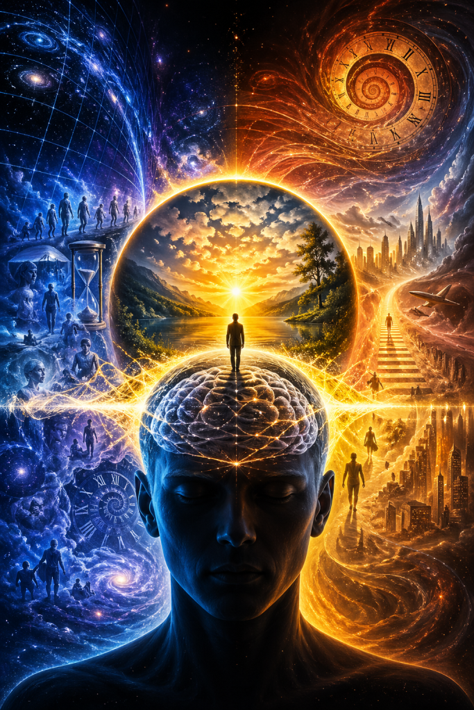 Human mind divided into past and future worlds connected through central consciousness, illustrating construction of the present moment