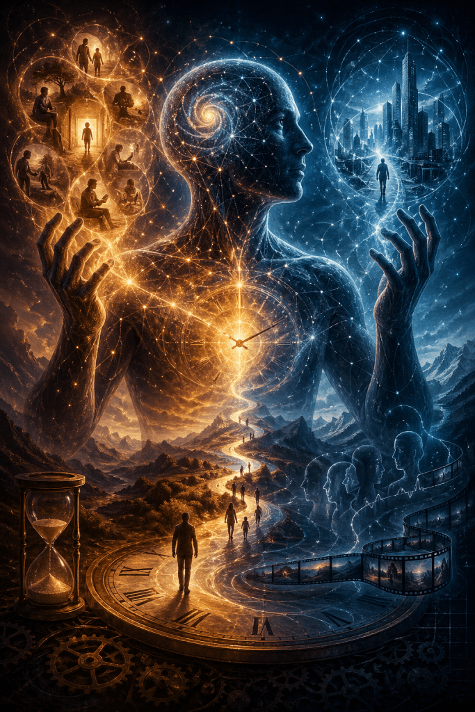 Figure holding contrasting worlds of memory and future possibilities connected by an internal sense of time