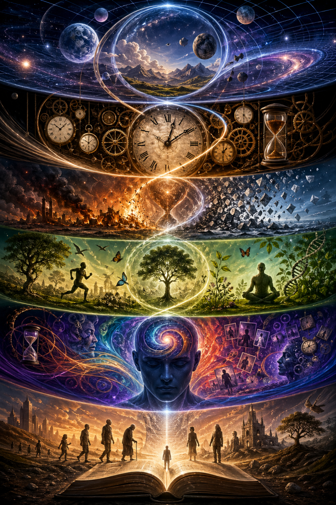 Layered timeline with clocks, nature, meditation, and human evolution flowing into an open book, representing multiple dimensions of time