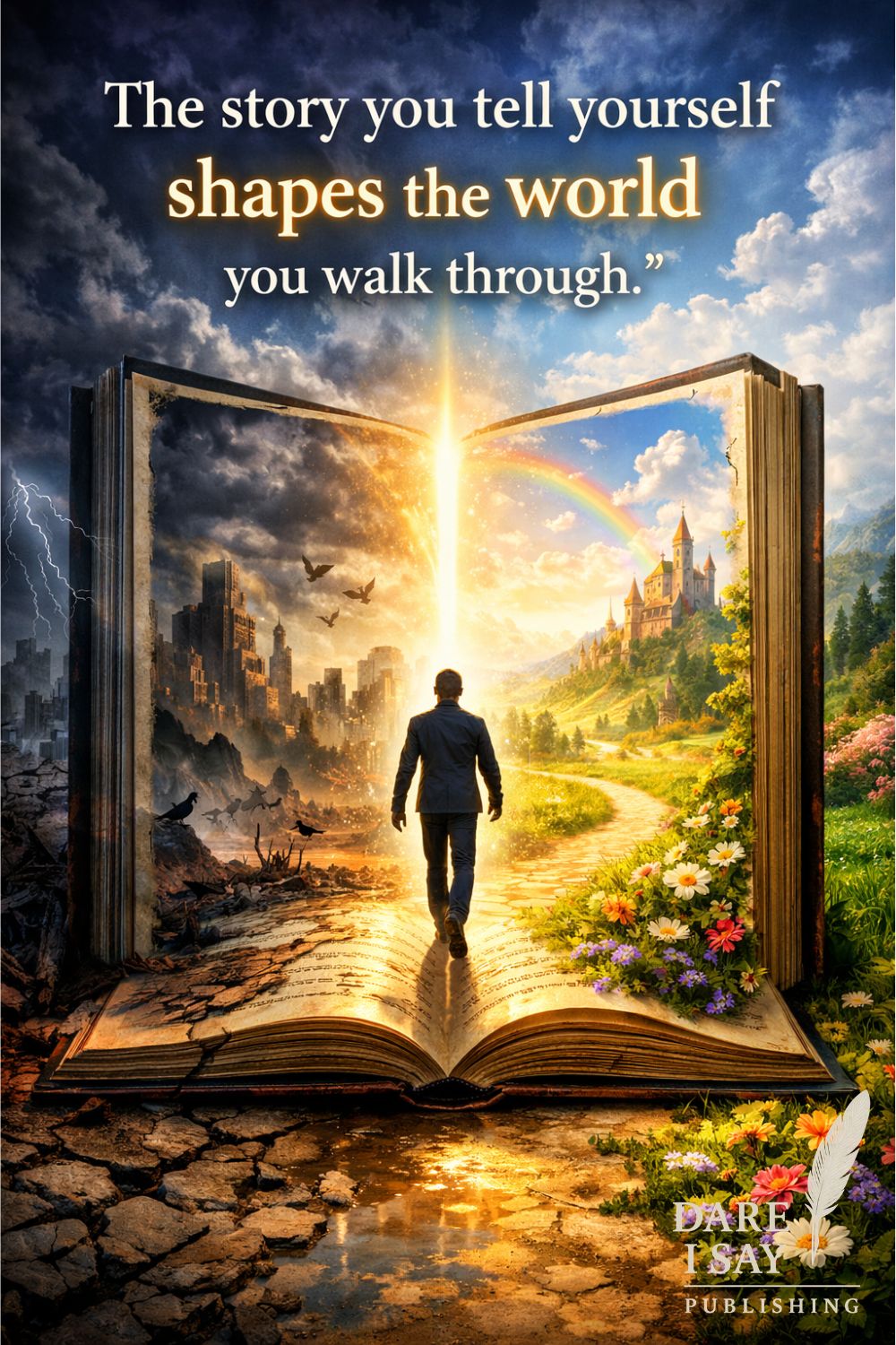A man walks through the center of an open book where one side shows a ruined city and stormy sky while the other reveals a bright path toward a castle and rainbow, with the quote: “The story you tell yourself shapes the world you walk through.” The artwork represents how perspective and mindset influence how we experience reality.