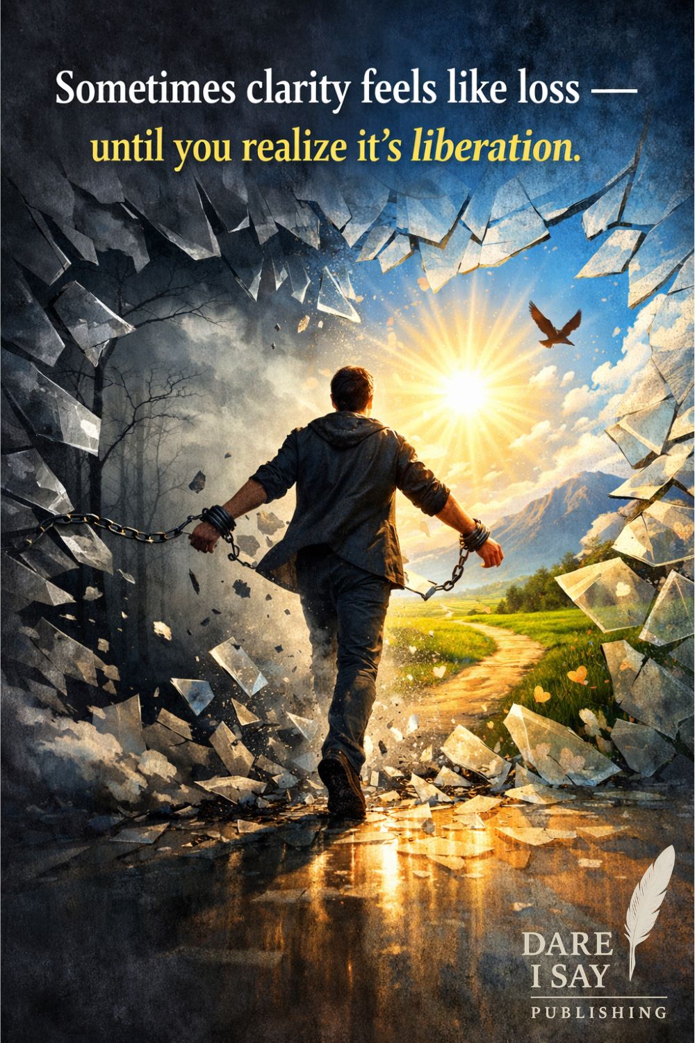 A dramatic, symbolic image of a person breaking free from chains while walking forward through shattered glass. Behind them is a dark, stormy landscape with barren trees, while ahead is a bright, sunlit path leading through green fields and mountains under a clear sky. Light pours through the opening as the person moves toward freedom. The quote reads: “Sometimes clarity feels like loss — until you realize it’s liberation,” representing personal growth, release, and transformation.