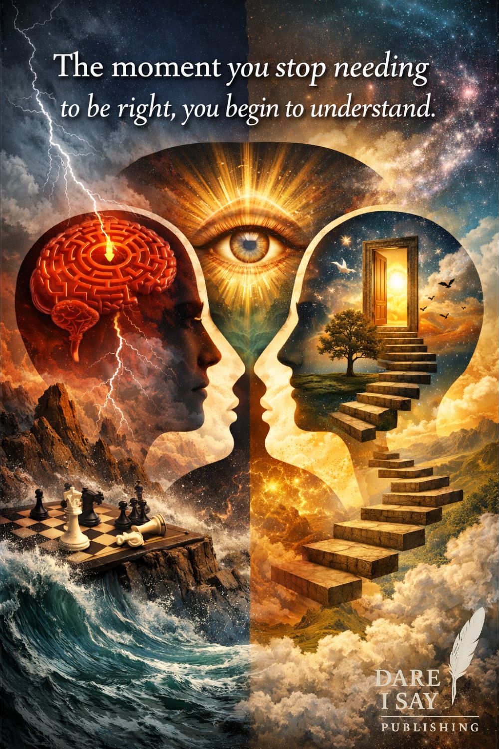 A symbolic, surreal illustration showing two human profiles facing each other. The left side is dark and stormy, with a glowing red brain shaped like a maze, lightning, and a chessboard by rough ocean waves, representing rigid thinking and the need to be right. The right side is bright and peaceful, with a staircase leading to an open glowing door in the sky, surrounded by clouds, stars, and birds, symbolizing openness and understanding. A radiant eye shines at the center between both sides. The image includes the quote: “The moment you stop needing to be right, you begin to understand,” highlighting the shift from ego to awareness.