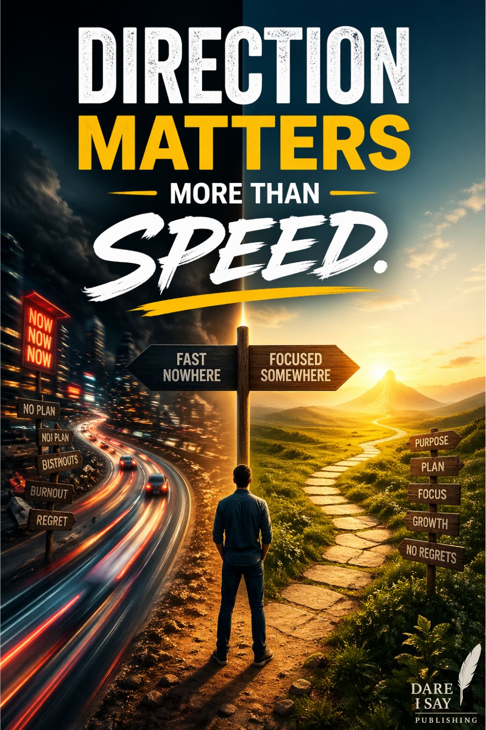 A man stands at a crossroads between two contrasting paths. On the left is a fast-moving city highway filled with light trails, chaos, and signs like no plan, burnout, and regret. On the right is a calm, sunlit path leading toward mountains with signs labeled purpose, plan, focus, growth, and no regrets. A central signpost reads “Fast nowhere” and “Focused somewhere.” Text reads: “Direction matters more than speed.” Dare I Say Publishing logo in the lower right corner.
