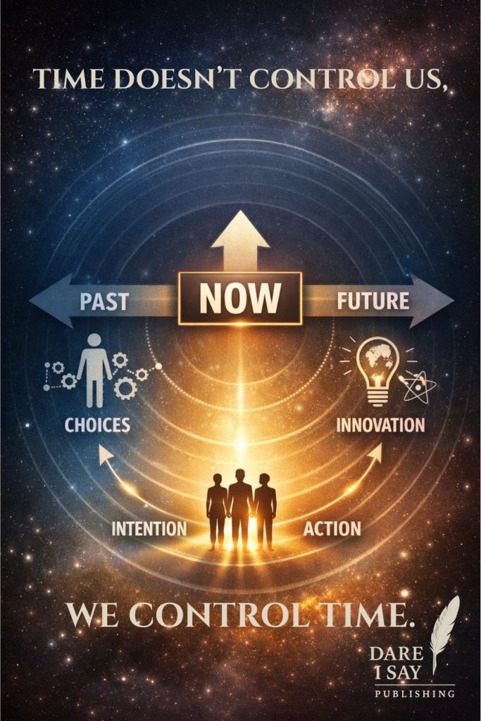 A symbolic timeline graphic with “Past,” “Now,” and “Future” arranged horizontally. The “Now” is highlighted as a glowing central house-like structure with a person standing in front of it. Surrounding elements suggest choices, actions, and possibilities. The text reads: “Time doesn’t control us. We control time.”
