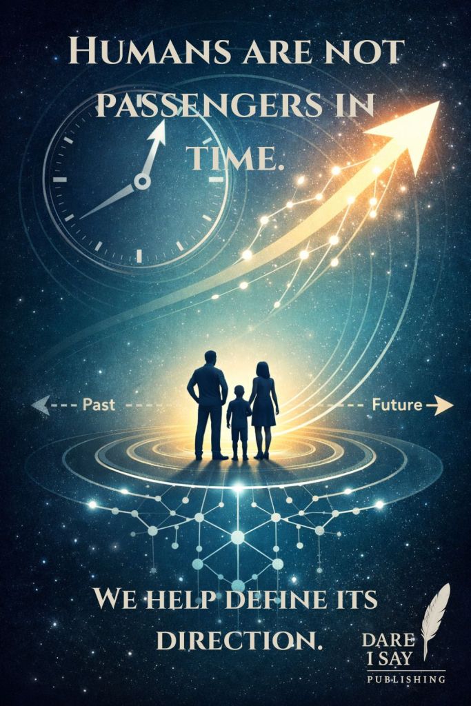 A cosmic scene showing a glowing clock floating in space with streaks of light bending around it. Below, three human silhouettes stand together looking upward. The text reads: “Humans are not passengers in time. We help define its direction.”