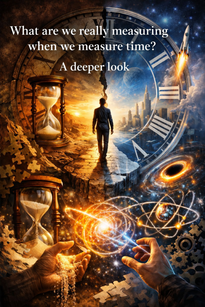 A man walking along a fractured path between past and future, with hourglasses, a giant clock, a rocket launch, and a black hole, illustrating the transition between time eras and human progress. Text says, "What are we really measuring when we measure time. A deeper look.