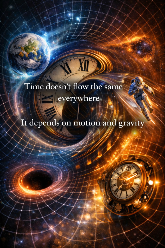 An astronaut drifting through warped spacetime around a bending clock, Earth, and glowing gravitational fields, visualizing relativity and time distortion in space. Text says, "Time doesn't flow the same everywhere. It depends on motion and gravity."