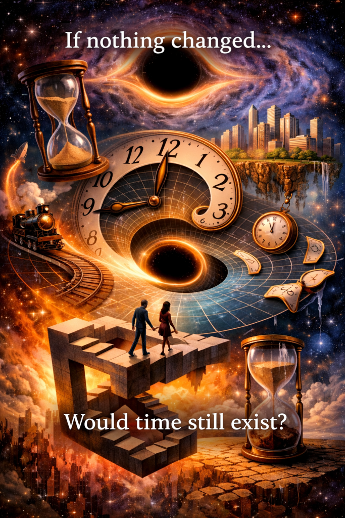 A surreal time landscape featuring a melting clock, floating city, black hole, train, and impossible staircase, illustrating nonlinear time and multiple realities. Text says, "If nothing changed... would time still exist?"