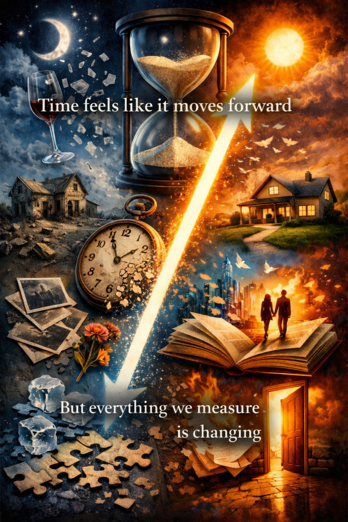 A dramatic split scene showing decay and destruction on one side and growth and renewal on the other, connected by an arrow through time, symbolizing transformation and life cycles. Text says, "Time feels like it moves forward. But everything we measure is changing."