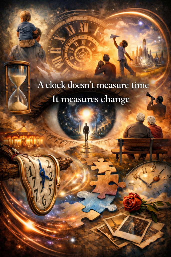 A large cosmic eye surrounded by life stages, memories, clocks, and puzzle pieces, representing perception, memory, and the passage of time through human experience. Text says, "A clock doesn't measure time. It measures change."
